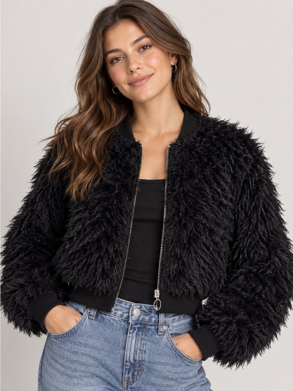 WILD FABLE Black Shaggy Faux Fur Cropped Bomber Jacket